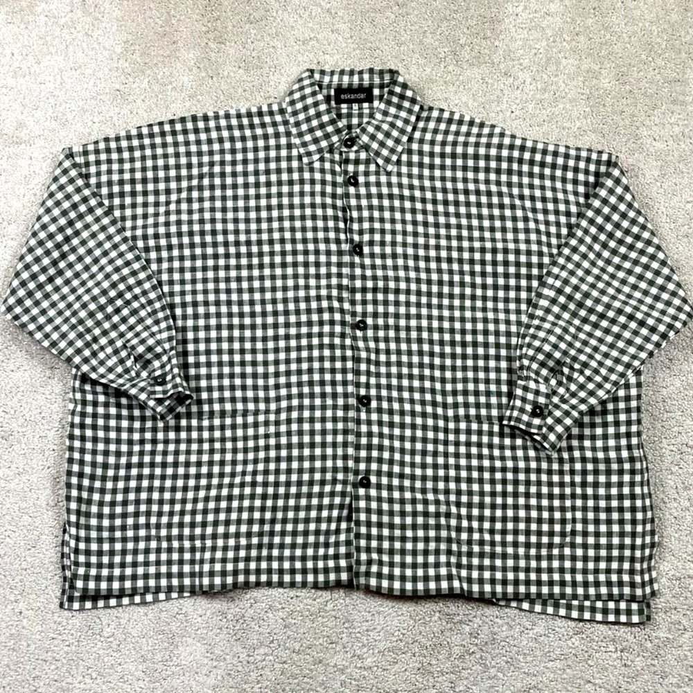 Eskandar Womens 100% Linen Boxy Shirt Blouse Top Green Gingham Plaid Size 0